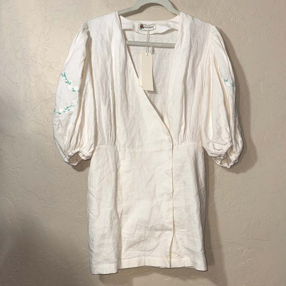 Fanm Mon Elif mini line wrap dress short balloon sleeves with embroidery